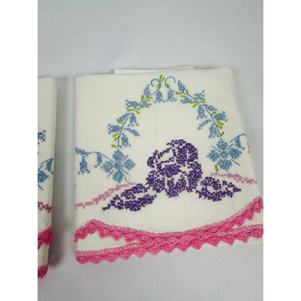Vintage Cross Stitched Pillowcases White w/Pink Purple Blue Floral 30 x 20